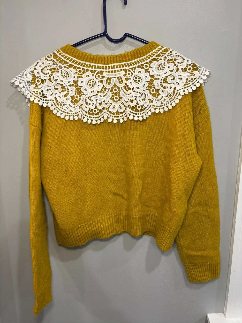 RARE Anthropologie Maeve Mustard Yellow Lace Collar Cardigan Sweater Size M